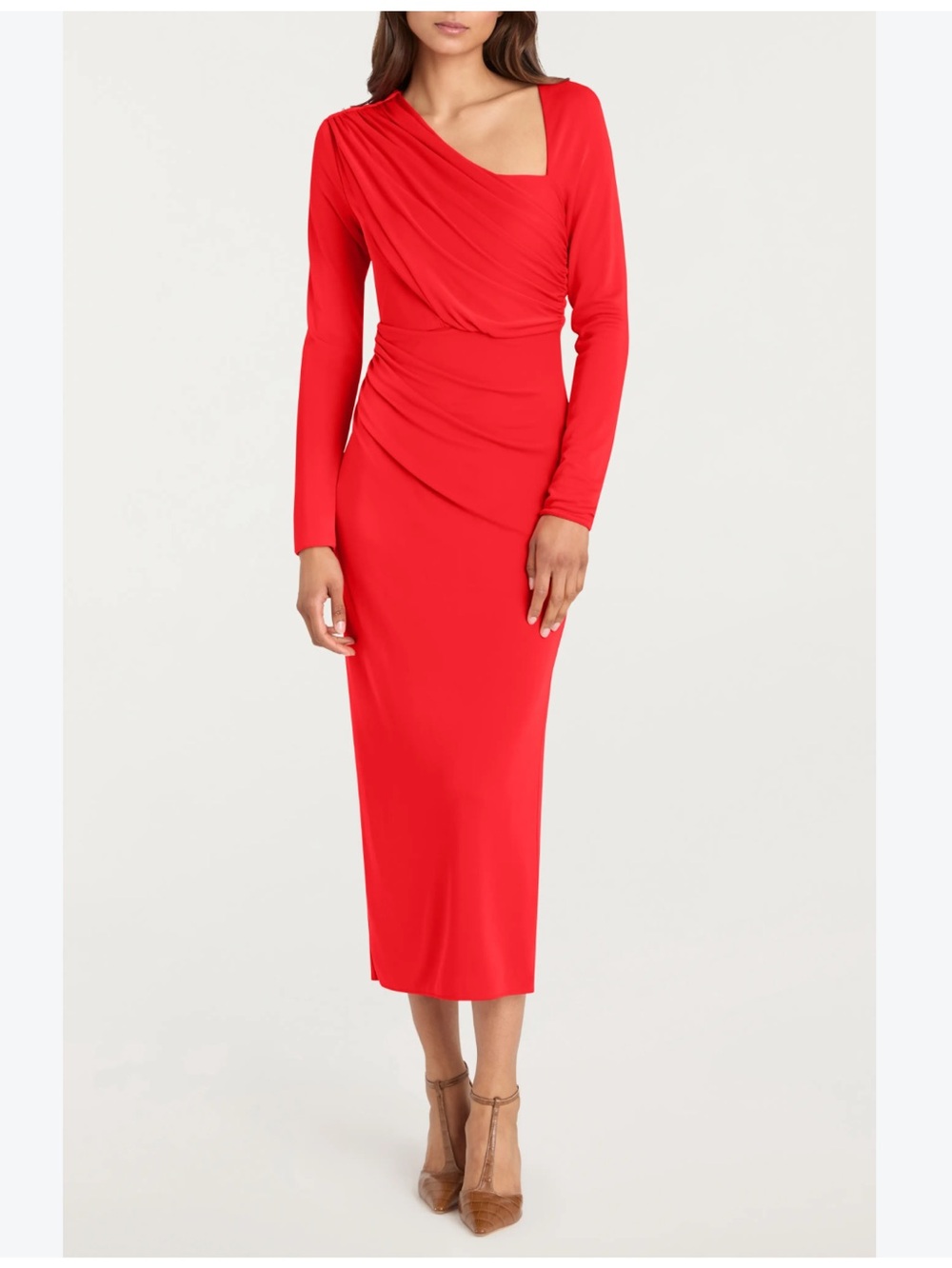 cinq a sept Red Asymmetrical Drape Long-Sleeve Midi Dress